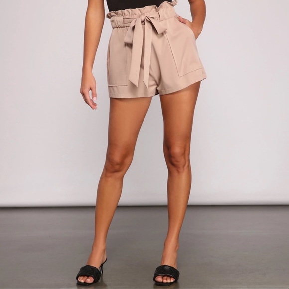 Solid Paper Bag Shorts available in Olive - Picture 2 of 4